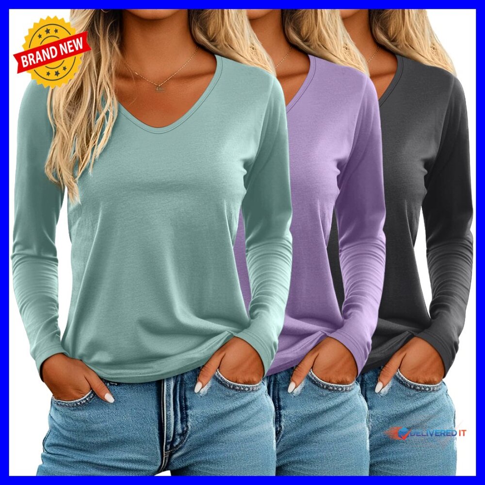 Long Sleeve V Neck Tops Loose Fit Casual Minimal Chic Fall Basic Tees